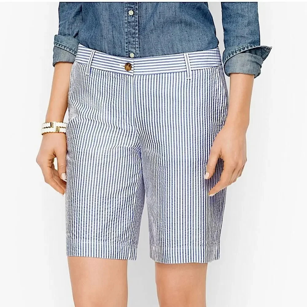 TALBOTS RELAXED CHINO SHORTS - SUNSHINE SEERSUCKER | Blue Soft White| Size 2P